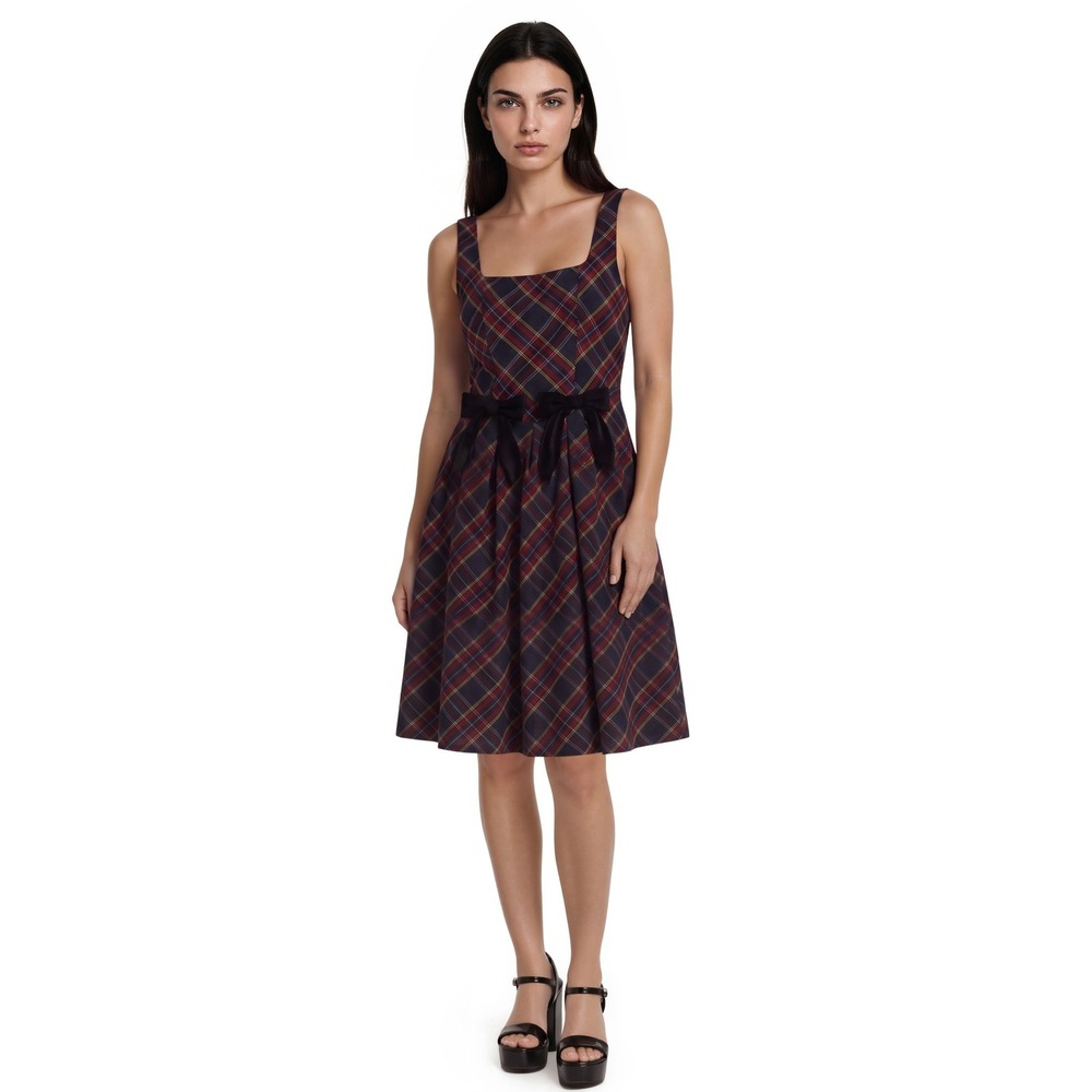 NEW Sugarlips Plaid Dress Womens Size Medium Blue Red Velvet Bows Holiday Tartan